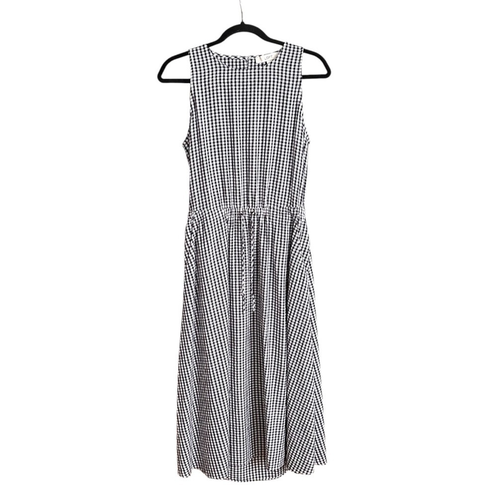 LOFT Black & White Gingham Crossover Back MIDI Dress Pockets Sleeveless Summer S
